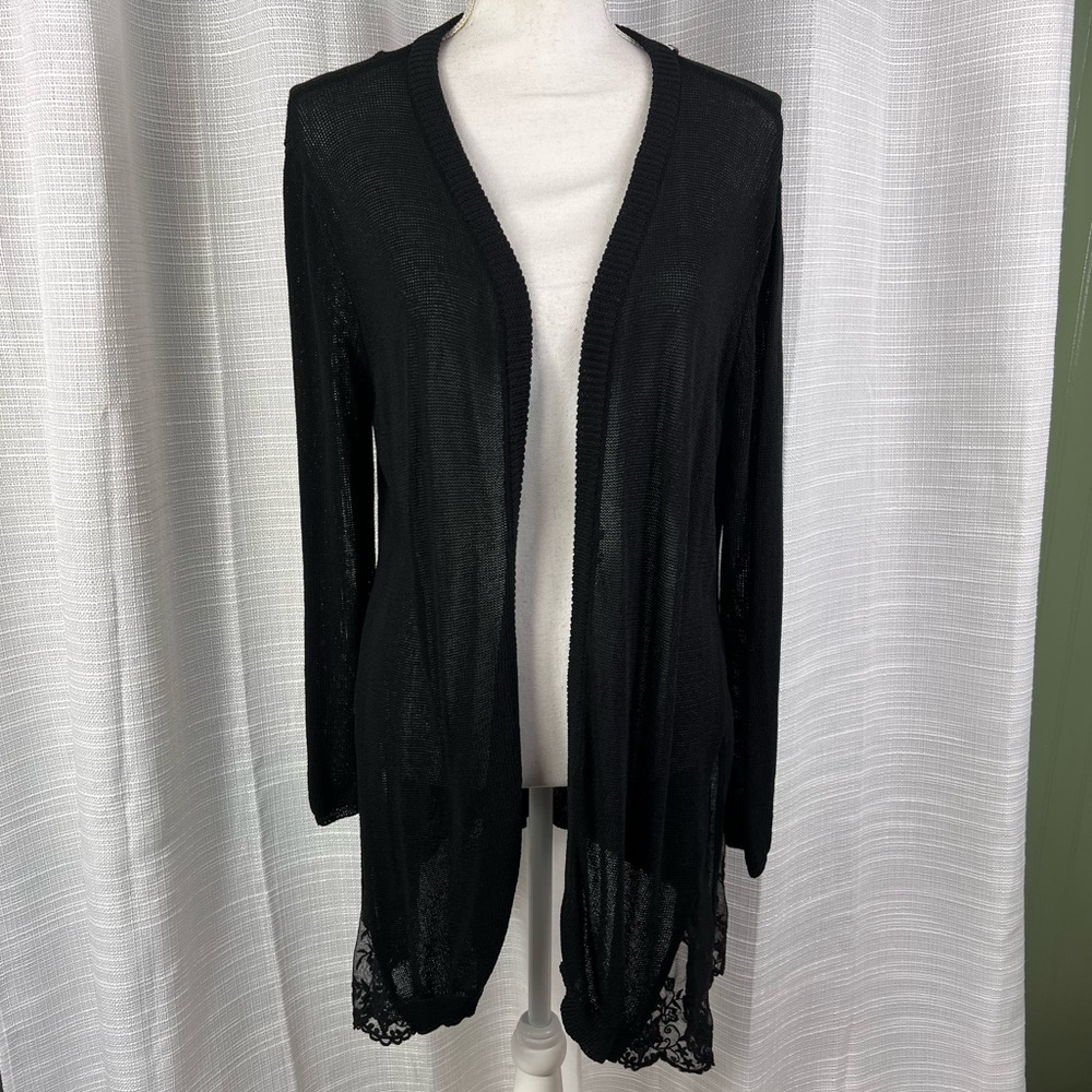 Umgee Black Open Front Lightweight Knit Lace Cardigan Small Long Boho Office